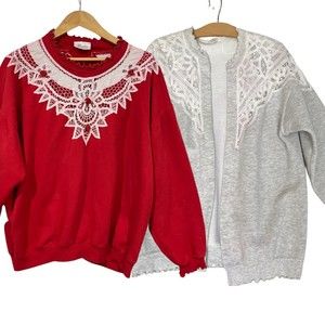 Lot of 2 GrannyCore Sweaters Batternberg Lace Lettuce Trim Crewneck Ruffles Sz L